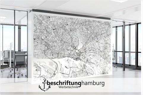Bedruckte Wandtapete für Innendesign Hamburg Hafencity Großraumbüro